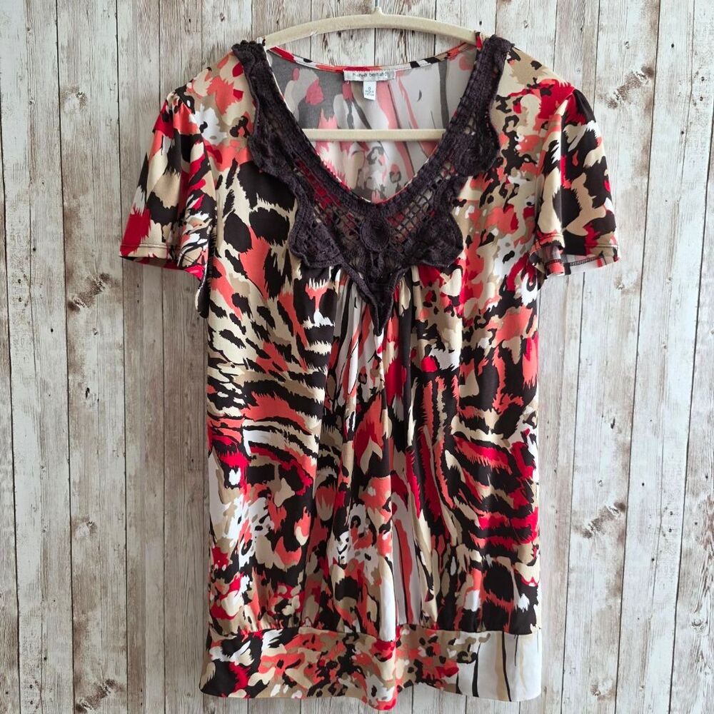 Women's Harve Benard Abstract V-Neck Blouse Red Brown Size S